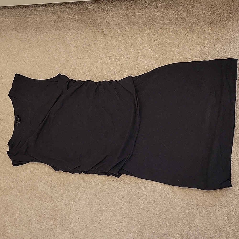 Theory dress with rouched sides and an asymmetrical overlay